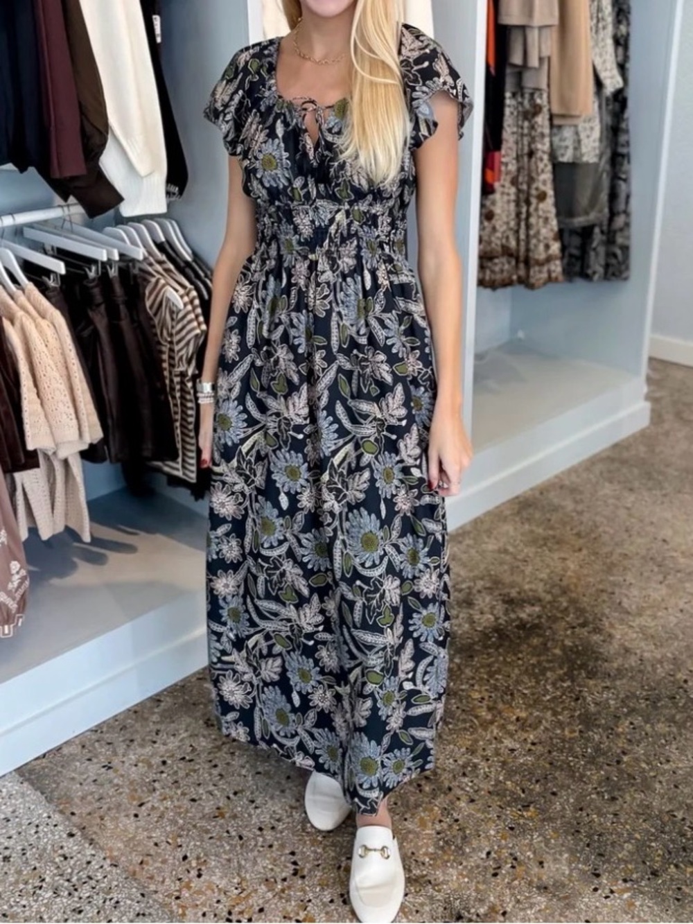 Cleobella Floral Maxi Dress with Blue and Cream Flowers
